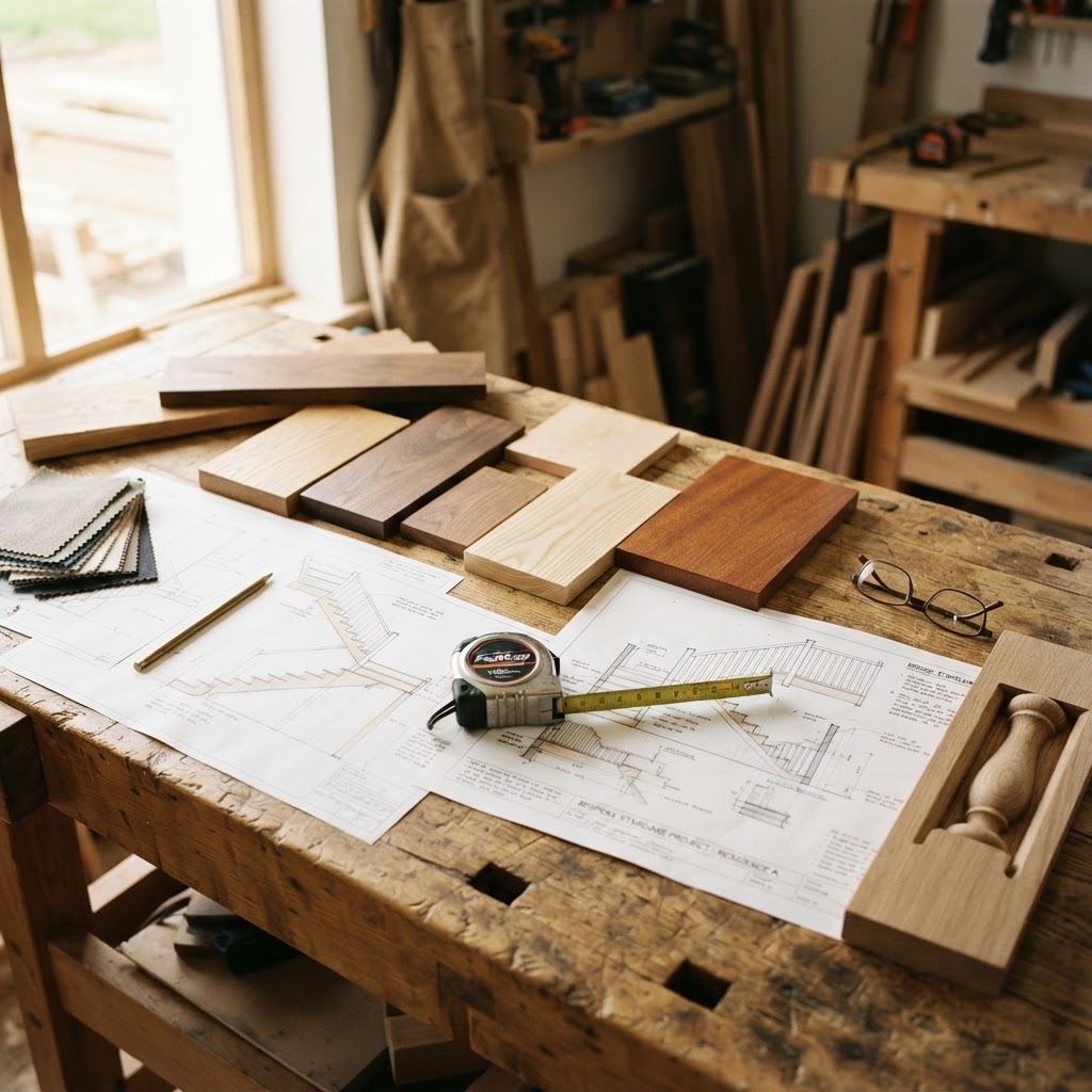 Hardwood samples, drawings and tools laid out to plan a bespoke project