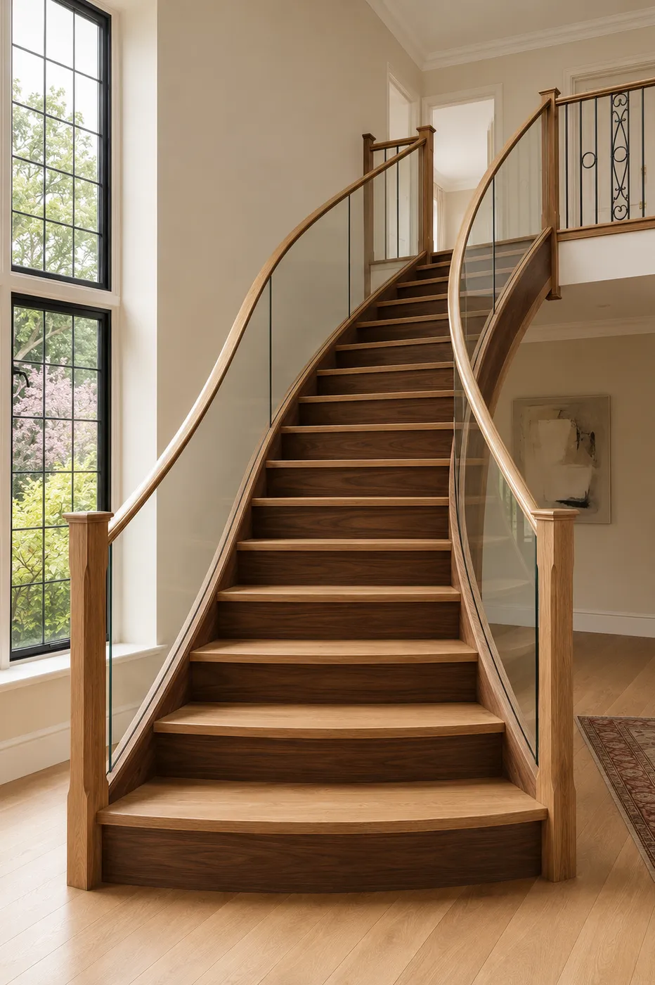 Bespoke curved hardwood staircase with oak and glass balustrade in a bright luxury home