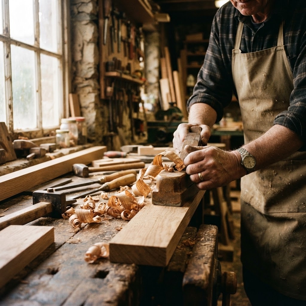 Craftsman hand-planing a piece of solid oak in the workshop